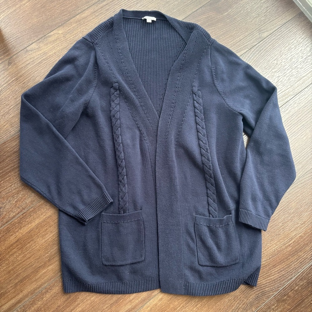 Talbots Women’s 1X Navy Cotton Cable Knit Cardigan Sweater Open Front Pockets